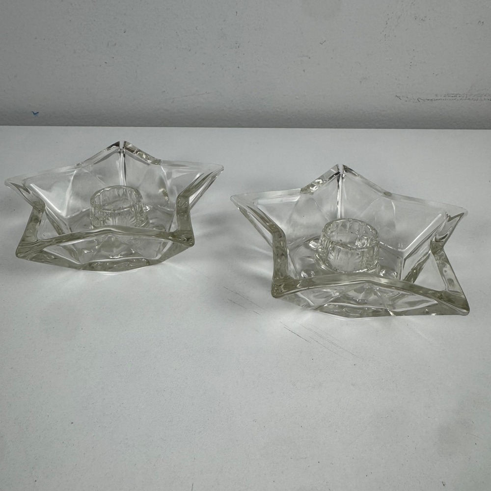 Vtg Pair Star Glass Candle Holders Clear Crystal Look Celestial Whimsygoth Decor